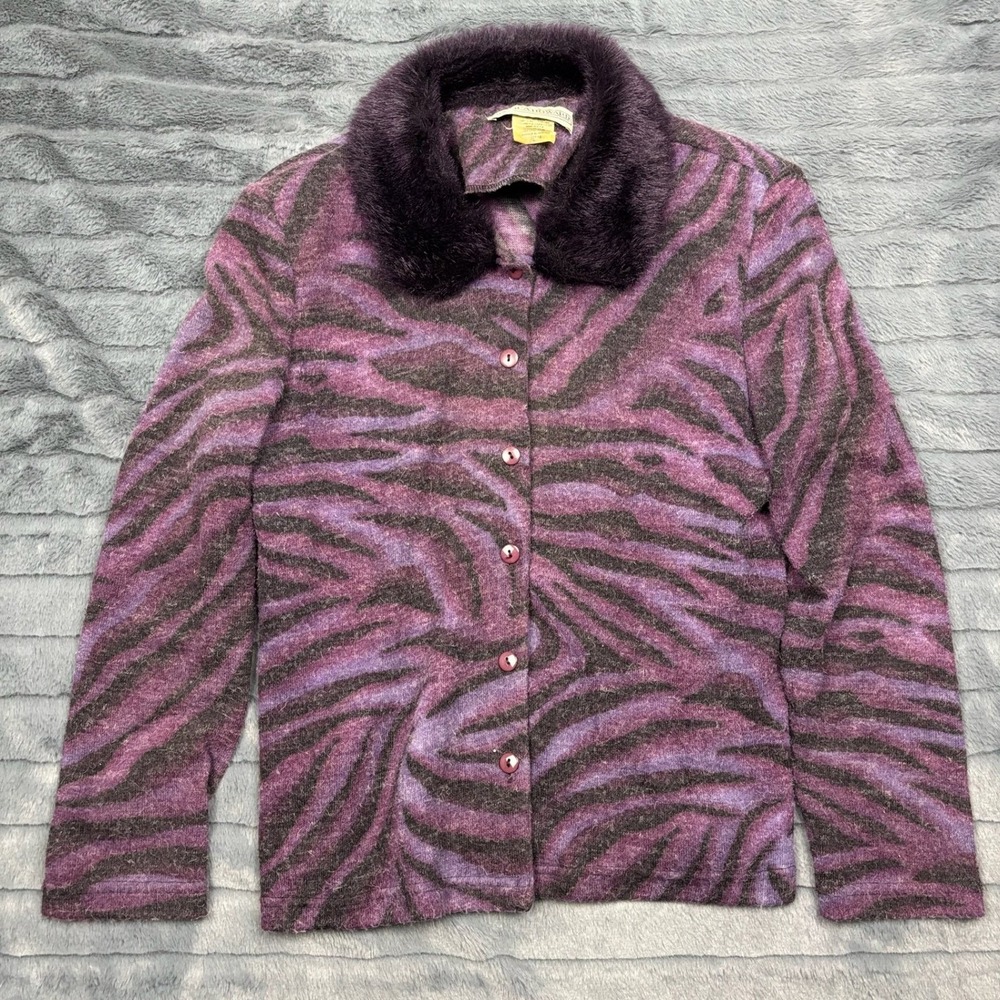 Jessica Howard Vintage Purple Zebra Print Faux Fur Collar Button Cardigan USA M